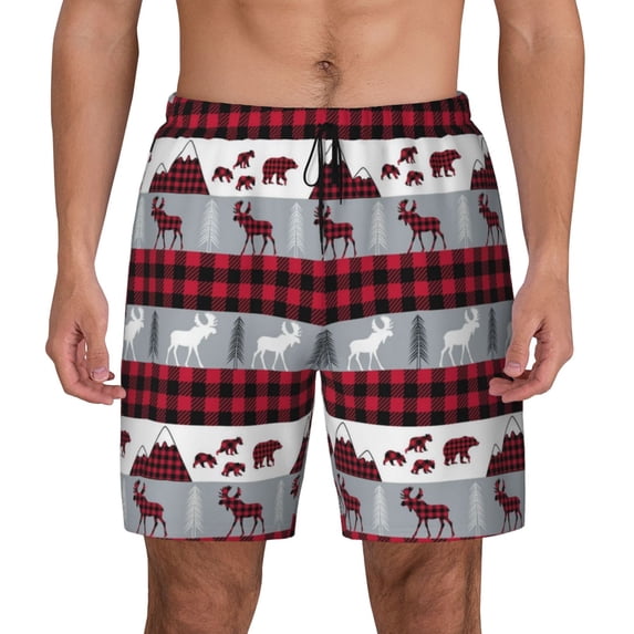 Kdxio Buffalo Plaid Forest Print Men's Swim Trunks with Compression Liner 7 Inch Inseam Quick Dry Swim Shorts
