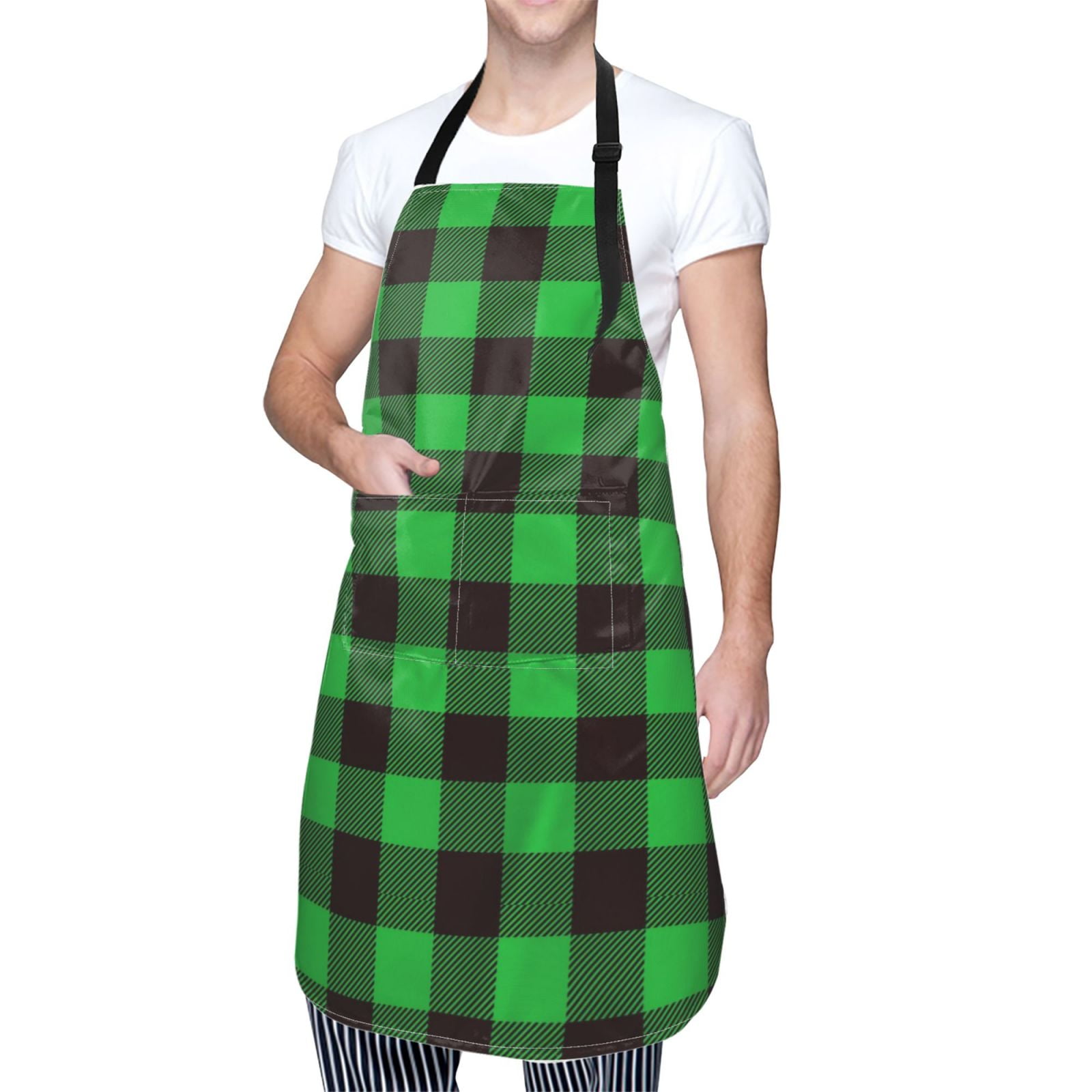 Kdxio Buffalo Plaid Green Black Apron with Pockets Adjustable Kitchen Aprons for Men Women Waterproof Aprons for Cooking,Drawing,Crafting, Baking Household Cleaning