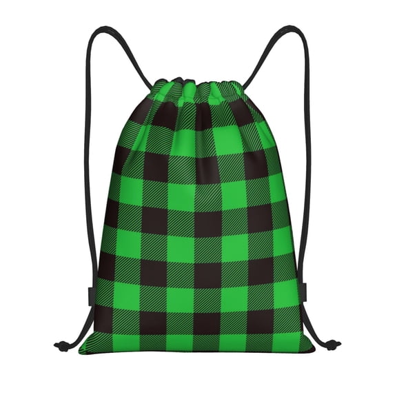 Kdxio Buffalo Plaid Green Black Print Drawstring Backpack Bag,Waterproof Draw String Back Sack, Gym Drawstring Bags Swim Bag For Unisex