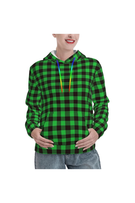 Buffalo Plaid Green Black Print Womens Oversized Hoodies Sweatshirts Hooded Pullover Tops Sweaters Casual-Medium