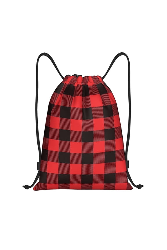 Buffalo Plaid Red Black Print Drawstring Backpack Bag,Waterproof Draw String Back Sack, Gym Drawstring Bags Swim Bag For Unisex