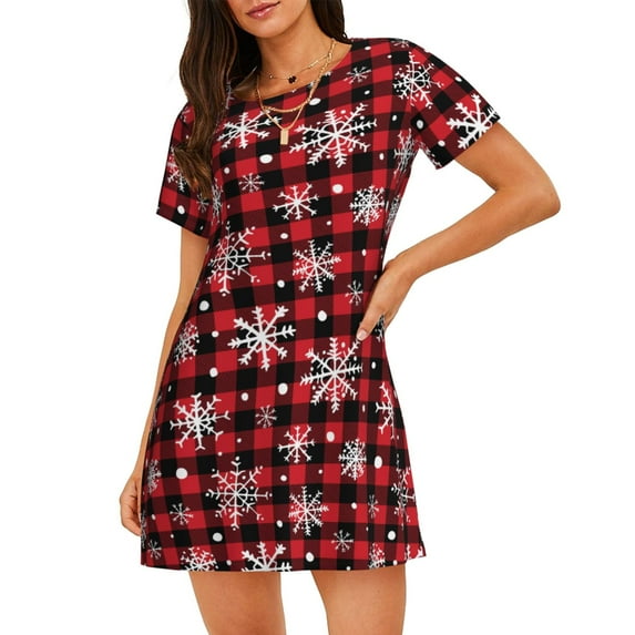 Kdxio Buffalo Plaid Snowflakes Pattern Womens Short Sleeve Sleepshirt Scoopneck Cute Nightdress Ruffle Comfy Nightgown