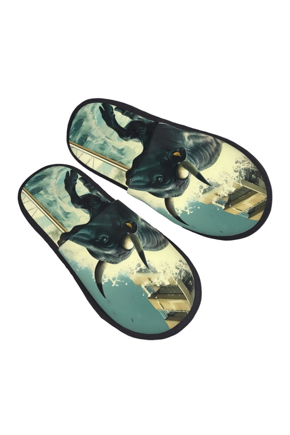 Bull Charging Through Waves Pattern Slippers for Women Memory Foam Fuzzy House Slippers Bedroom Non-slip Warm Womens Slippers