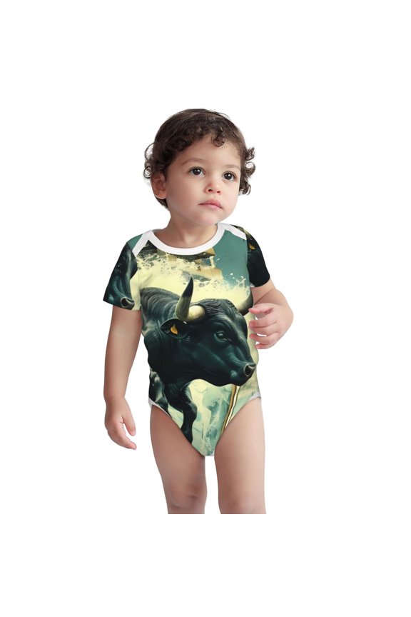 Bull Charging Through Waves Pattern Unisex Baby Cotton Short Sleeve Bodysuits-3 Months