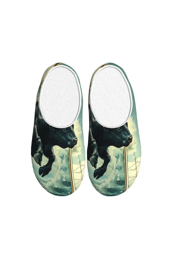 Bull Charging Through Waves Women's Men's Slippers Plush Slip-On House Slipper for Winter Indoor Soft Cushion Non-slip Fluffy Slides Slippers-13