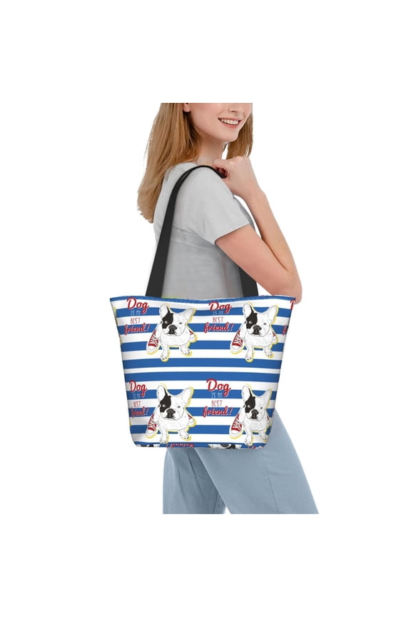 Bulldog Friend Women Reusable Grocery Bags Foldable Ripstop,Reusable Shopping Bags for Shopping,Gym,Gift