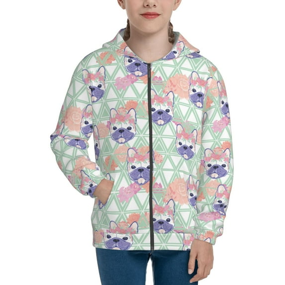 Kdxio Bulldog Pattern Kids Boys Girls Zip Up Hoodie 3D Printed Hooded Sweatshirt Hoody Coat with Pocket 7-12 Y-Medium