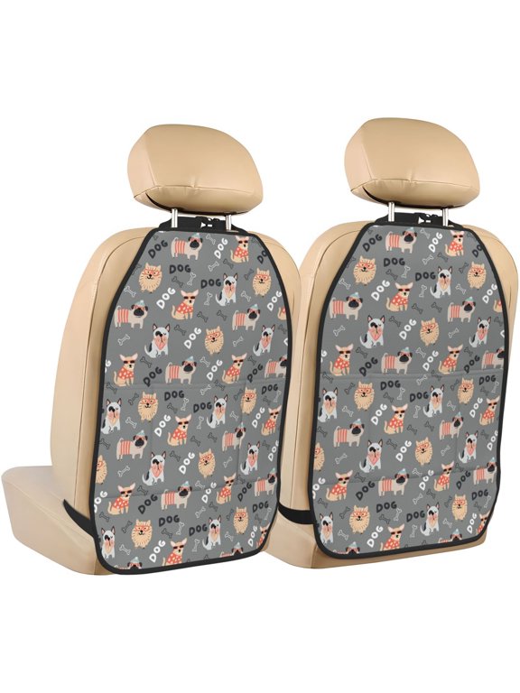 Bulldog Print 2 Pack Car Kick Mat Seat Cover Back Protector Mat with Pockets for Organizer Backseat Protector and Storage Anti Kick Pad for Vehicles