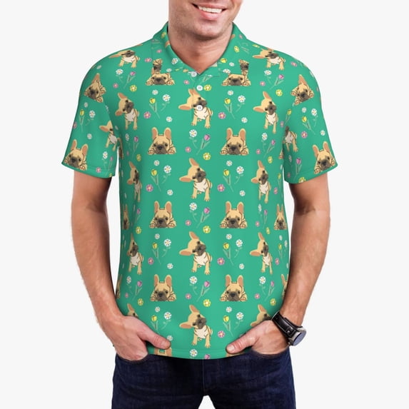 Kdxio Bulldog Puppy Flower Print Men's Short Sleeve Polo Shirt,Midweight Men's Shirt