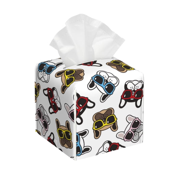 Kdxio Bulldog Sunglasses Face Print Tissue Box Cover,Square Decorative PU Leather Facial Paper Case Organizer Holder Dispenser for Bathroom,Night Stands,Desk,Car 5.2''X5.2''X5.2''