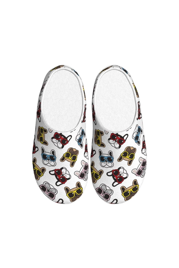 Bulldog Sunglasses Face Women's Men's Slippers Plush Slip-On House Slipper for Winter Indoor Soft Cushion Non-slip Fluffy Slides Slippers-46/47