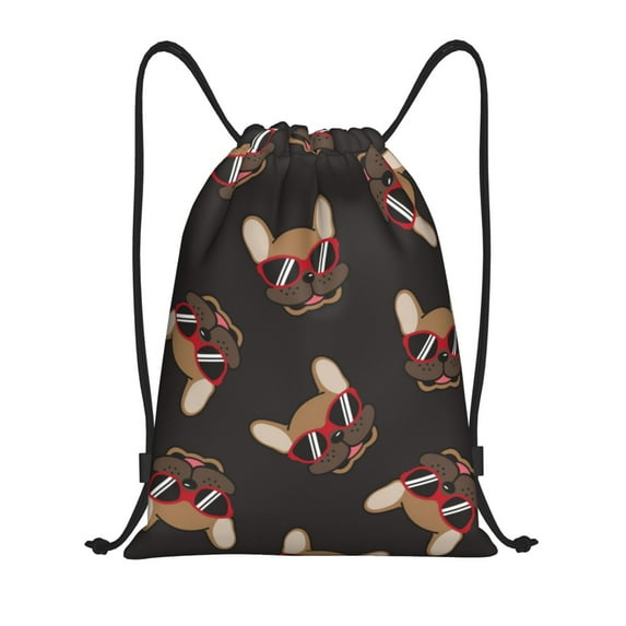 Kdxio Bulldog with Sunglasses Print Drawstring Backpack Bag,Waterproof Draw String Back Sack, Gym Drawstring Bags Swim Bag For Unisex