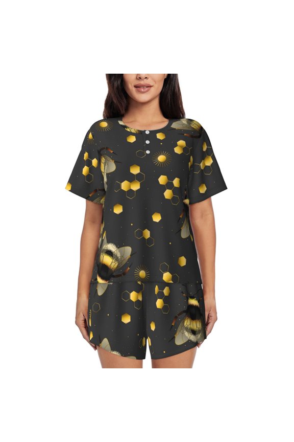 Bumblebee Print Pajamas Sets for Women Short-Sleeved Pjs with Lounge Shorts Two Piece Sleepwear S-4XL