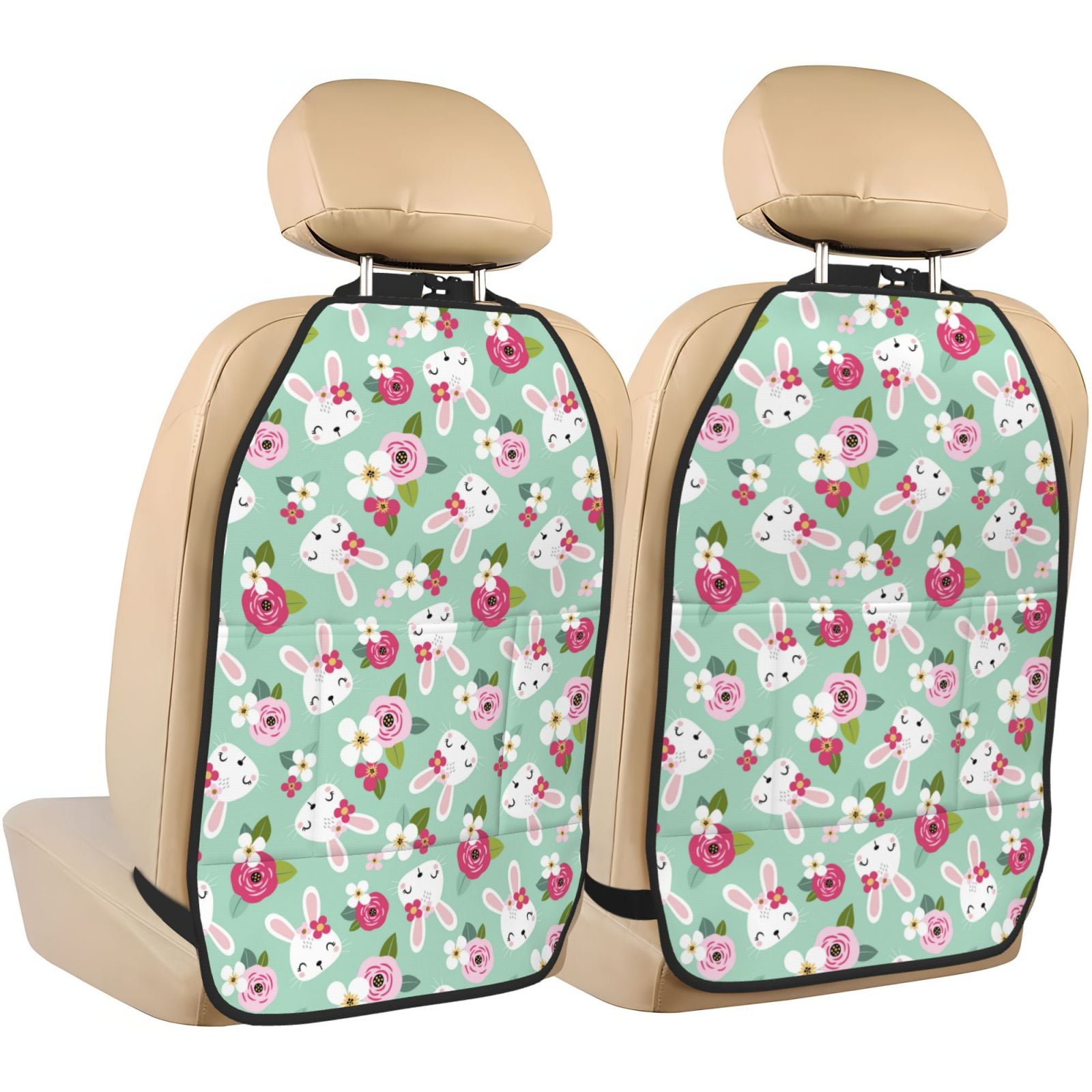 Kdxio Bunny And Rose Print 2 Pack Car Kick Mat Seat Cover Back Protector Mat with Pockets for Organizer Backseat Protector and Storage Anti Kick Pad for Vehicles