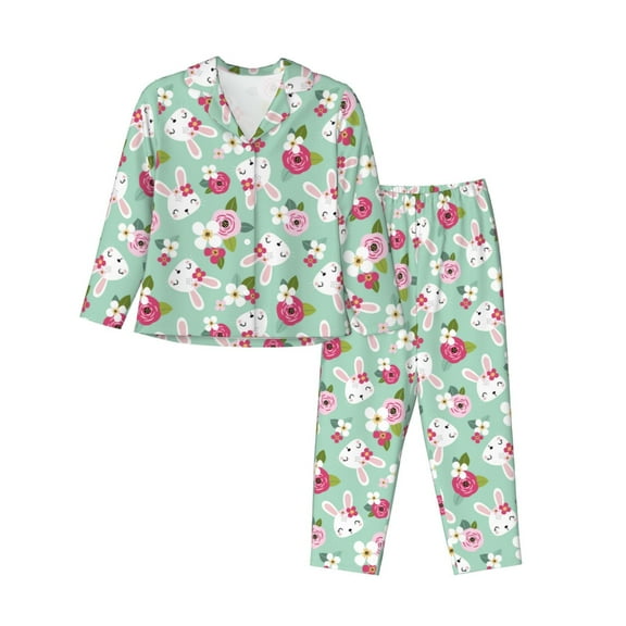 Kdxio Bunny And Rose Women's Pajama Sets Long Sleeve Button Down Sleepwear Nightwear Soft Pjs Lounge Sets-XX-Large