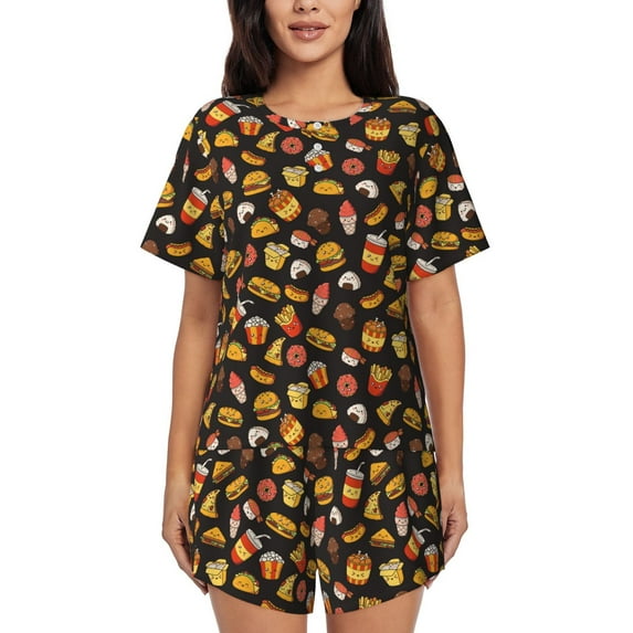 Kdxio Burger Fries Print Pajamas Sets for Women Short-Sleeved Pjs with Lounge Shorts Two Piece Sleepwear S-4XL