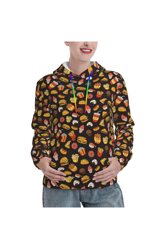 Burger Fries Print Womens Oversized Hoodies Sweatshirts Hooded Pullover Tops Sweaters Casual-Medium
