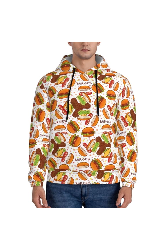 Burger Print Mens Casual Hooded Collar Drawstring Hoodies Pullover Sweatshirts Casual Long Sleeve Shirts-Large