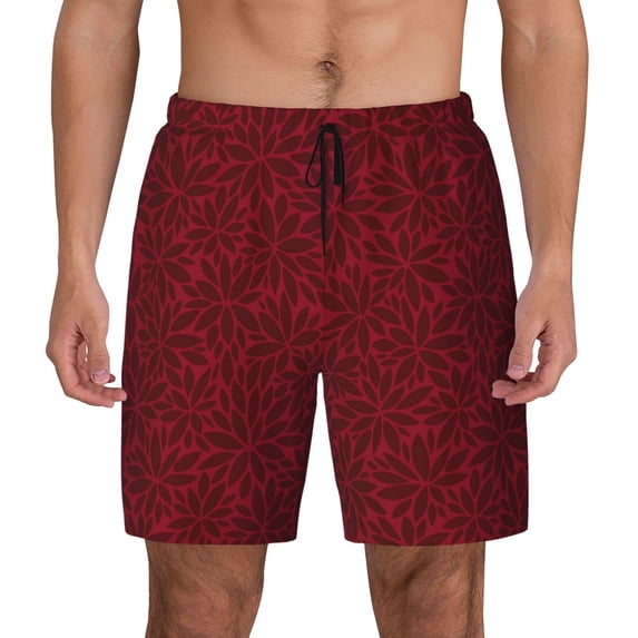 Kdxio Burgundy Floral Print Men's Swim Trunks with Compression Liner 7 Inch Inseam Quick Dry Swim Shorts