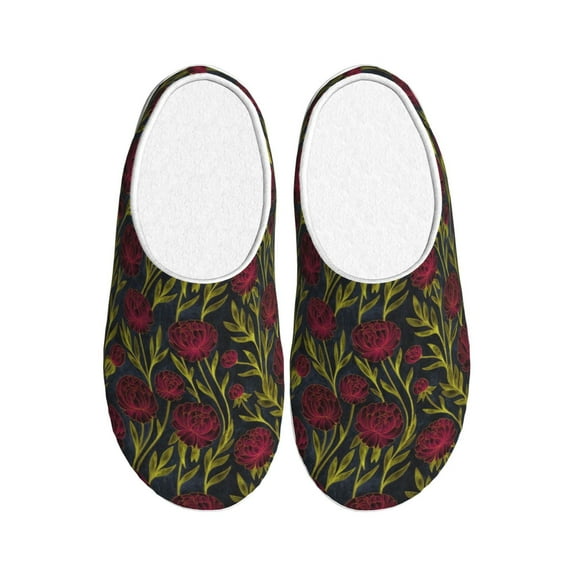 Kdxio Burgundy Peony Flowers Women's Men's Slippers Plush Slip-On House Slipper for Winter Indoor Soft Cushion Non-slip Fluffy Slides Slippers-11