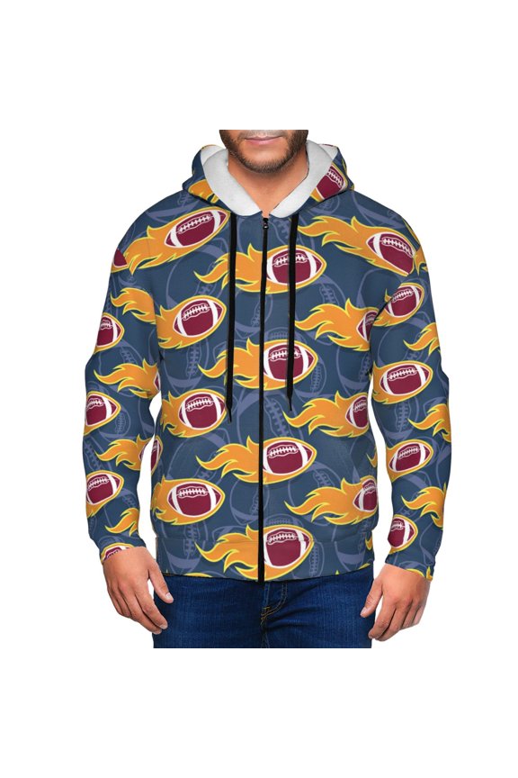 Burning Rugby Balls Print Men Hoodies Casual Hoodies for Men with Zip Pockets Full Zip Long Sleeve Sweatshirt Sports Hooded Jacket-X-Large