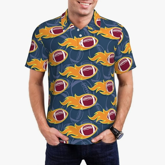 Kdxio Burning Rugby Balls Print Men's Short Sleeve Polo Shirt,Midweight Men's Shirt