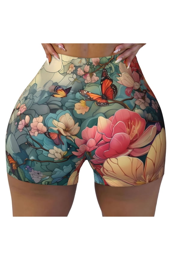 Butterflies In Blooming Garden Print Workout Shorts for Women Seamless Soft Smooth Gym Yoga Scrunch Active Shorts