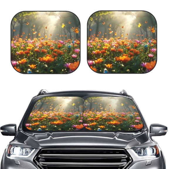 Kdxio Butterflies In Flower Field Print 2-Piece Sun Shade Front Windshield - Foldable Car Front Window Sunshades for Most Sedans SUV Truck