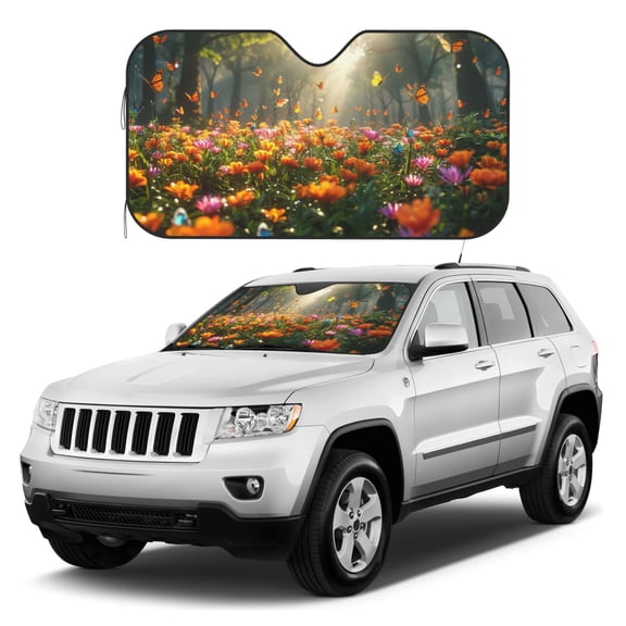 Kdxio Butterflies In Flower Field Print Windshield Sun Shade, Foldable Sun Blocker for Car,Truck,SUV Automotive Interior Sun Protection,Reflective Shade for Front Windshield(Medium)