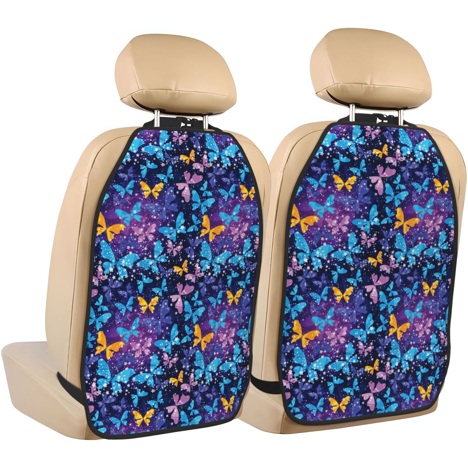 Kdxio Butterflies Of The Starry Sky Print 2 Pack Car Kick Mat Seat Cover Back Protector Mat with Pockets for Organizer Backseat Protector and Storage Anti Kick Pad for Vehicles