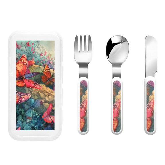 Kdxio Butterflies On Rocky Cliff Toddler Utensils Set - Kids Silverware Set, Set Kids Utensils Set with Case for Preschooler Children