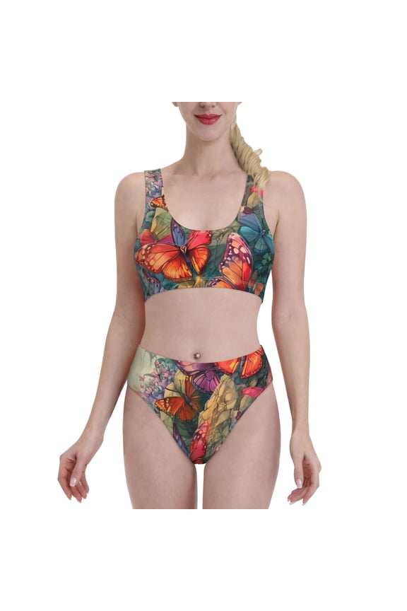 Butterflies On Rocky Cliff for Womens High Waisted Bikini Top Sports Style Two Piece Bathing Suits
