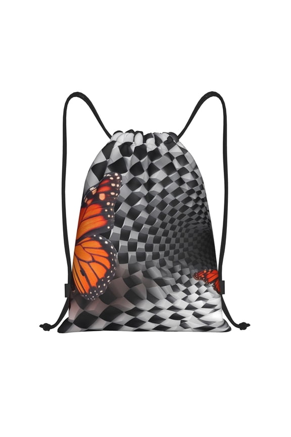 Butterflies Optical Illusion Print Drawstring Backpack Bag,Waterproof Draw String Back Sack, Gym Drawstring Bags Swim Bag For Unisex