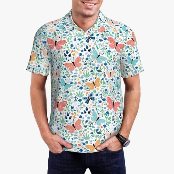 Kdxio Butterflies Print Men's Short Sleeve Polo Shirt,Midweight Men's Shirt
