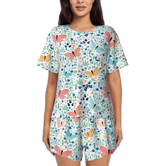 Kdxio Butterflies Print Pajamas Sets for Women Short-Sleeved Pjs with Lounge Shorts Two Piece Sleepwear S-4XL