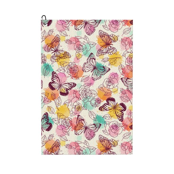 Kdxio Butterflies and Roses Pattern Golf Towel (24" X 16") with Carabiner Clip - The Convenient Golf Cleaning Towel