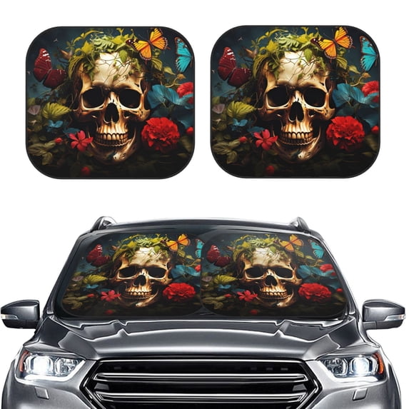 Kdxio Butterfly Flower Plant Skull Print 2-Piece Sun Shade Front Windshield - Foldable Car Front Window Sunshades for Most Sedans SUV Truck