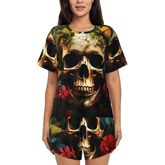 Kdxio Butterfly Flower Plant Skull Print Pajamas Sets for Women Short-Sleeved Pjs with Lounge Shorts Two Piece Sleepwear S-4XL
