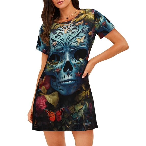 Kdxio Butterfly Flower Skull A Pattern Womens Short Sleeve Sleepshirt Scoopneck Cute Nightdress Ruffle Comfy Nightgown