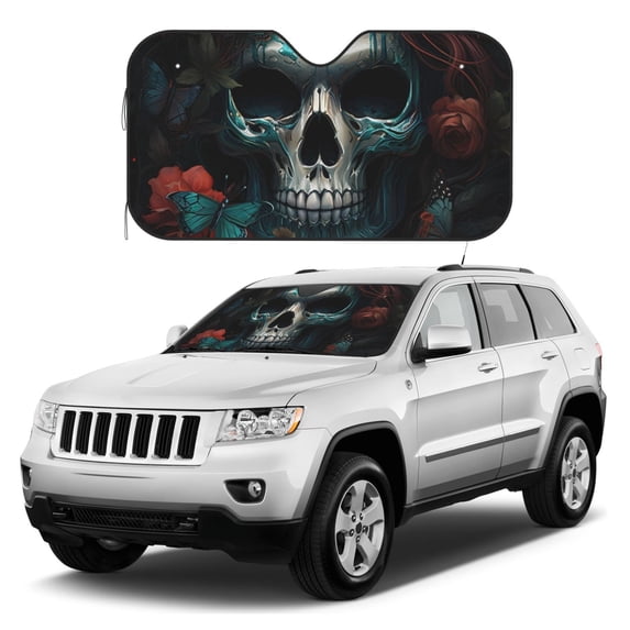Kdxio Butterfly Flower Skull Print Windshield Sun Shade, Foldable Sun Blocker for Car,Truck,SUV Automotive Interior Sun Protection,Reflective Shade for Front Windshield(Medium)