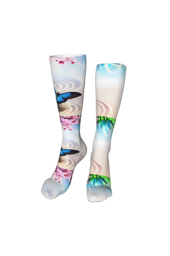 Butterfly In Blossoms Zen Funny Silky Novelty Funky Long Knee High Socks Soft 3D Print Cosplay Crazy Stockings for Men Women