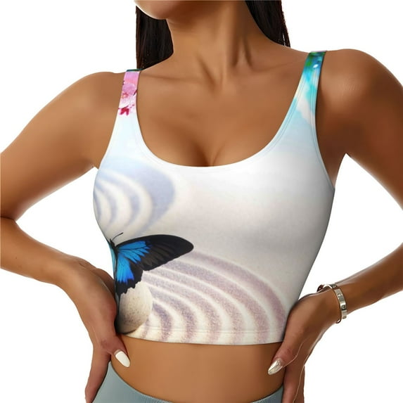 Kdxio Butterfly In Blossoms Zen Print Workout Crop Tank Top for Women Racerback Yoga Tank Tops Athletic Sports Shirts Exercise Undershirts