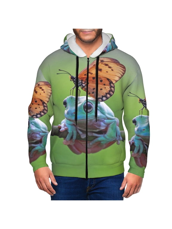 Butterfly Landing On Head Dumpy Frog Print Men Hoodies Casual Hoodies for Men with Zip Pockets Full Zip Long Sleeve Sweatshirt Sports Hooded Jacket-Large