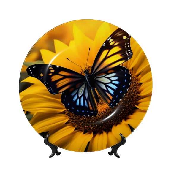 Kdxio Butterfly On Sunflower Bone China Decorative Plate Ceramic Decorative Plate for Home Office Wall Stand Decorative Plates for Home Bedroom-10in