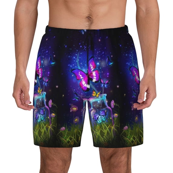Kdxio Butterfly Purple Bottle Flower Print Men'S Swim Trunks With Compression Liner 7 Inch Inseam Quick Dry Swim Shorts