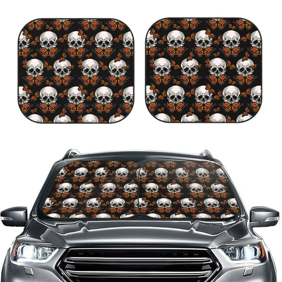 Kdxio Butterfly Skull Print 2-Piece Sun Shade Front Windshield - Foldable Car Front Window Sunshades for Most Sedans SUV Truck