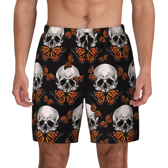 Kdxio Butterfly Skull Print Men's Swim Trunks with Compression Liner 7 Inch Inseam Quick Dry Swim Shorts