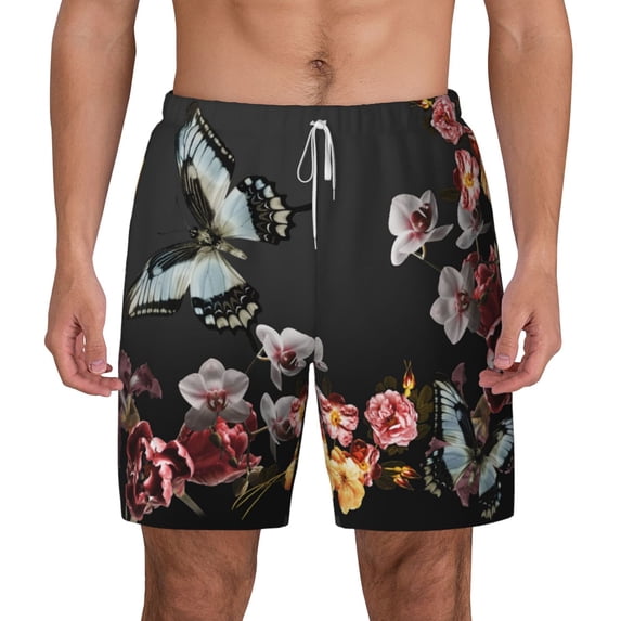 Kdxio Butterfly With Fowers Print Men'S Swim Trunks With Compression Liner 7 Inch Inseam Quick Dry Swim Shorts