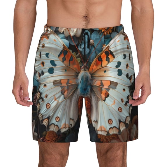 Kdxio Butterfly and Bloom Beauty Print Men's Swim Trunks with Compression Liner 7 Inch Inseam Quick Dry Swim Shorts