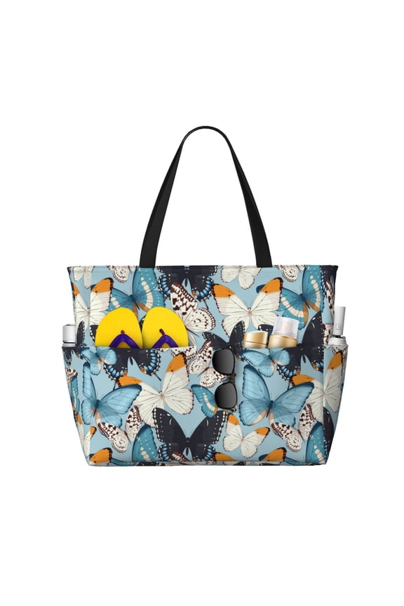 Butterflys for Beach Bag for Women Large Beach Tote Bag Waterproof Sandproof Swim Bag with Zipper Pockets Beach Vacation Travel